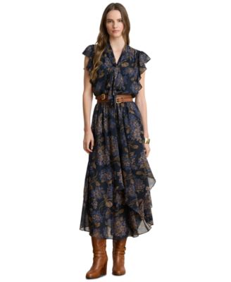 Petite  Floral Crinkle Georgette Tie-Neck Midi Dress