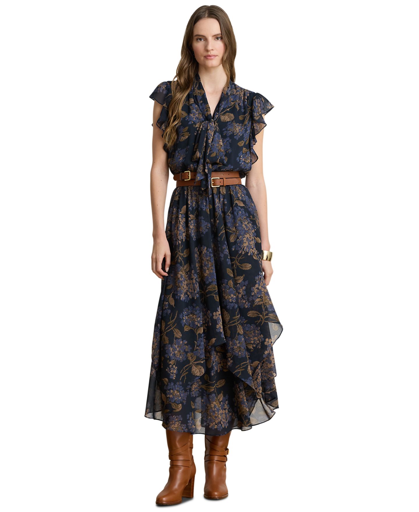 Женское платье Lauren Ralph Lauren Petite Floral Crinkle Georgette Tie-Neck Midi, цвет: Тёмно-синий разноцветный — фото 1