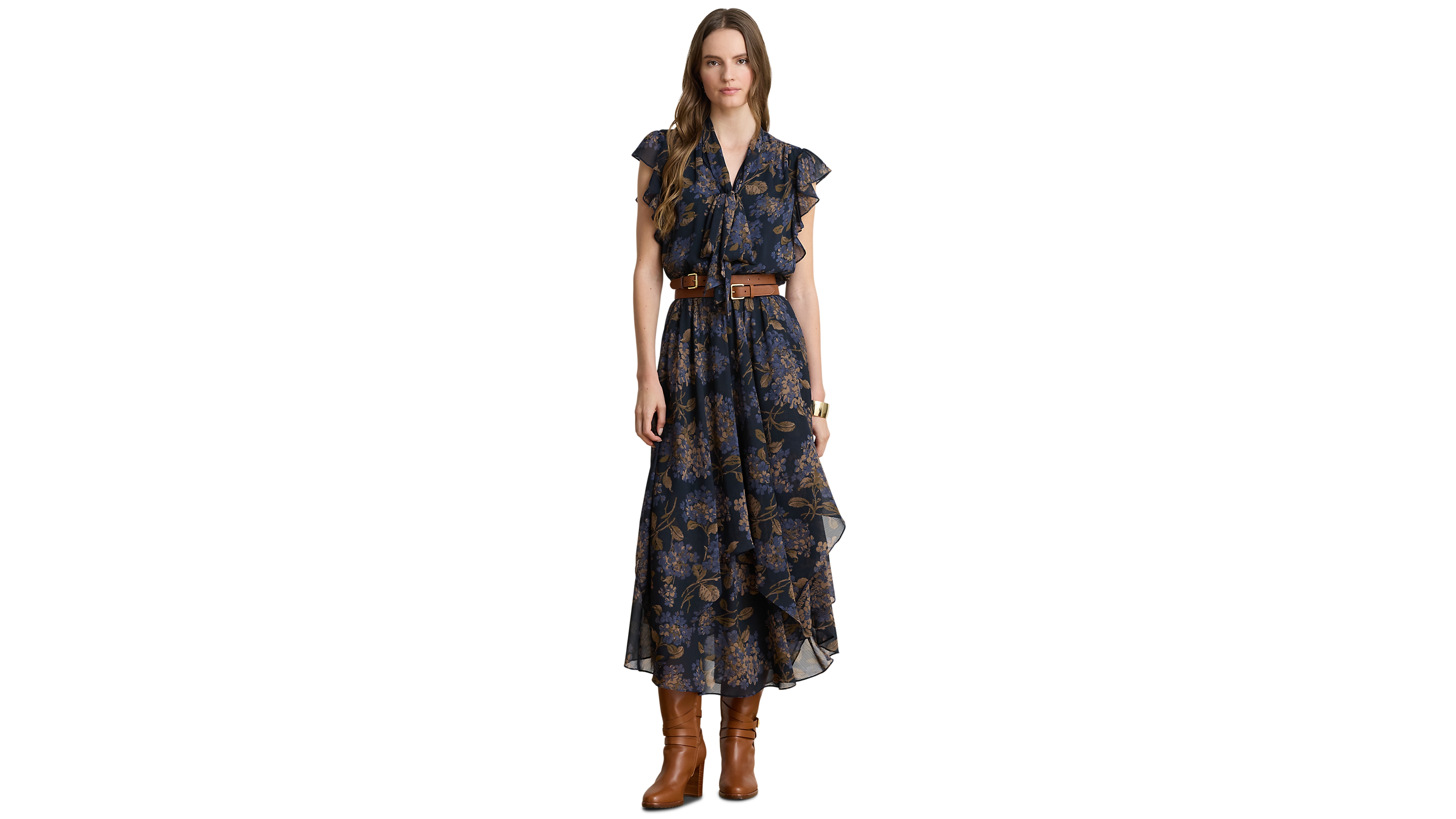 Lauren Ralph Petite Floral Crinkle Georgette Tie-Neck A-Line Dress