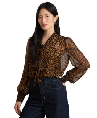 Petite Ocelot-Print Chiffon Tie-Neck Blouse