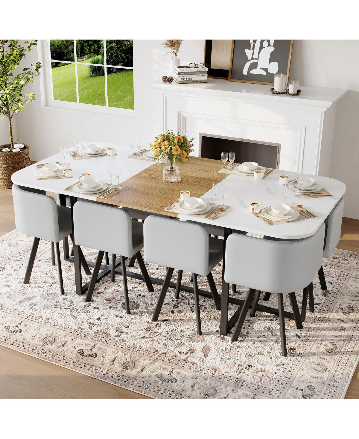 Streamdale Furniture 9-Piece Square Faux Marble Dining Set with 8 Pu Leather Chairs
