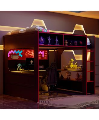 Full Size Gaming Loft Bed with Desk Lights and Charging Station