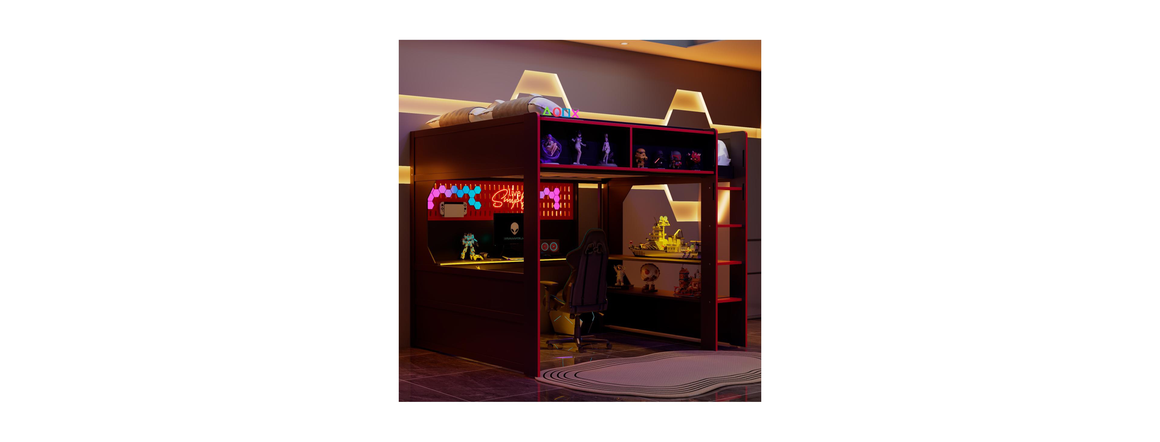 Streamdale Furniture Full Size Gaming Loft Bed with Desk Lights and Charging Station