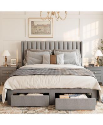 Queen Size Bed Frame, Bed Frame Upholstered Platform Bed with Velvet Headboard, Wing Edge Design, 2 Storage Drawers