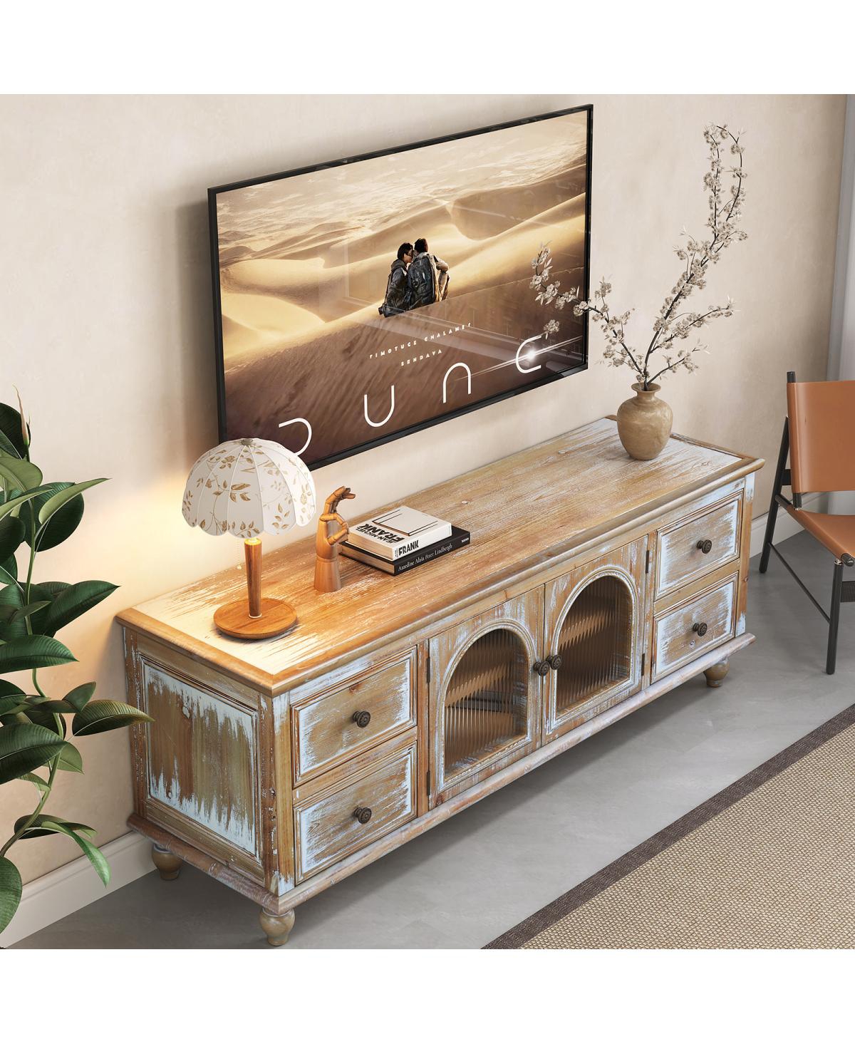 Streamdale Furniture 60'' Farmhouse Tv Stand with 4 Drawers and 2 Glass Doors Rustic Media Console