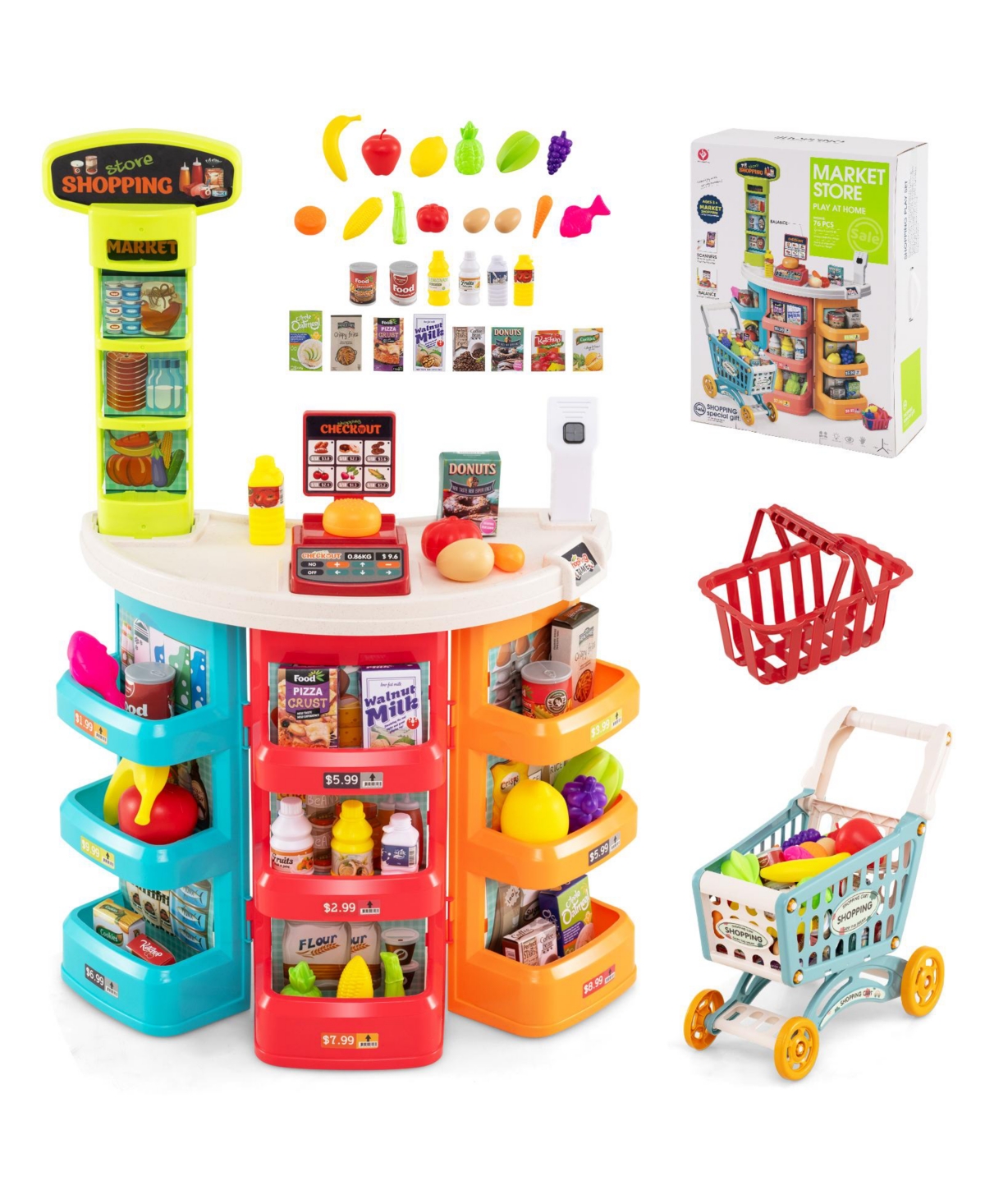 Mecale Kids Supermarket Playset with Shopping Cart and 76 Accessories, Age 3+