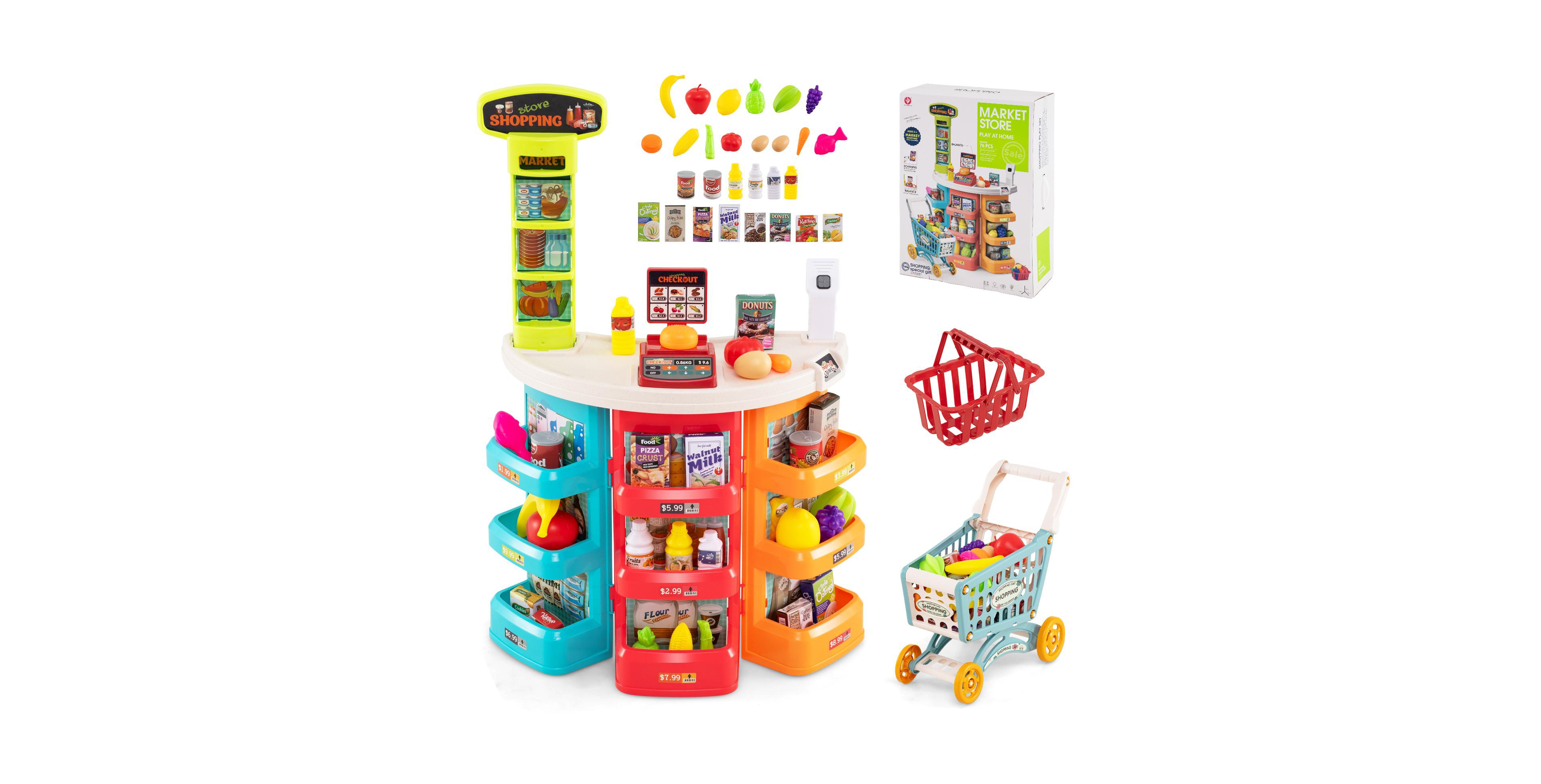 Mecale Kids Supermarket Playset with Shopping Cart and 76 Accessories, Age 3+
