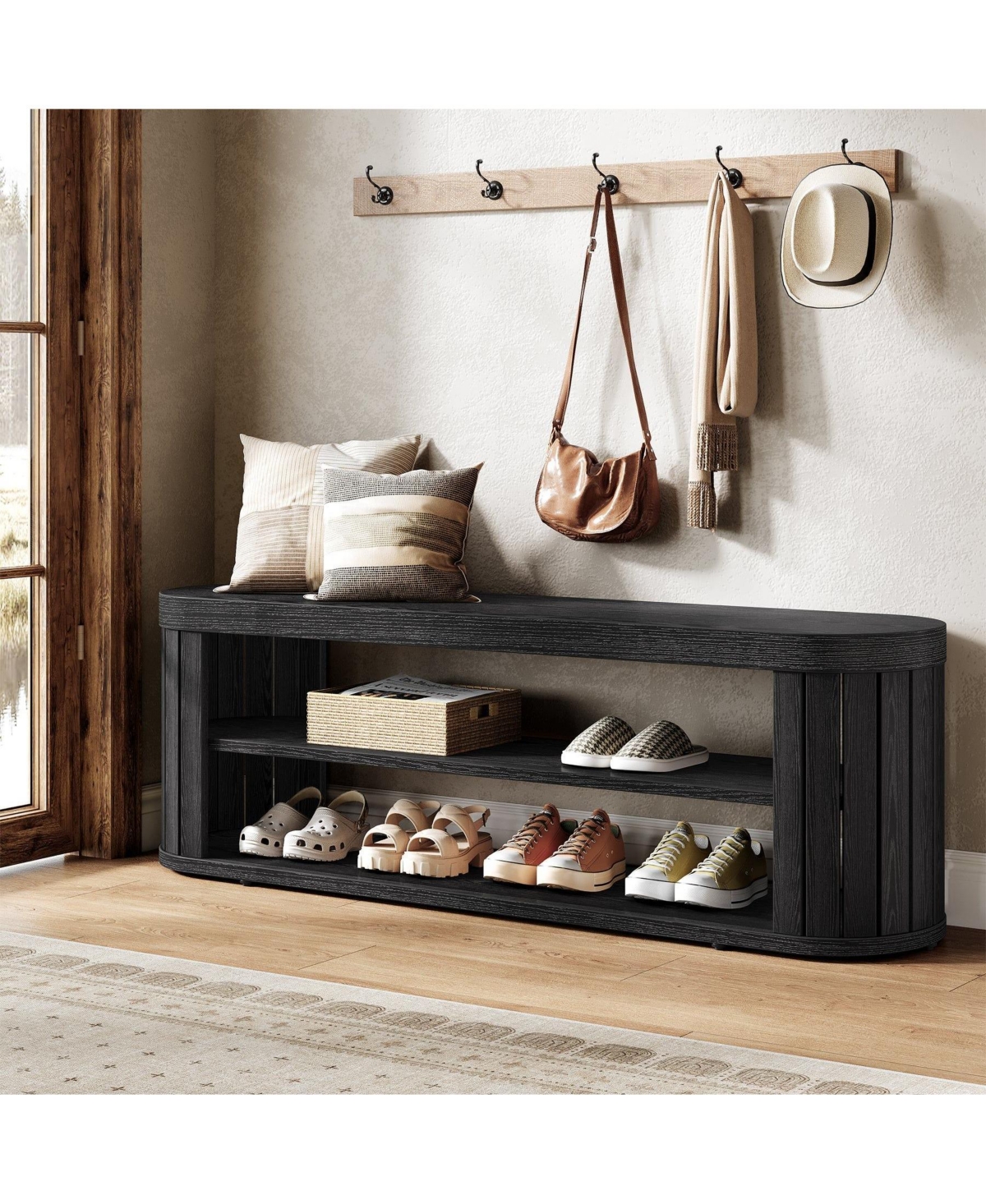 Entryway Bench with 2-Tier Shoe Shelf and Bedroom Footrest