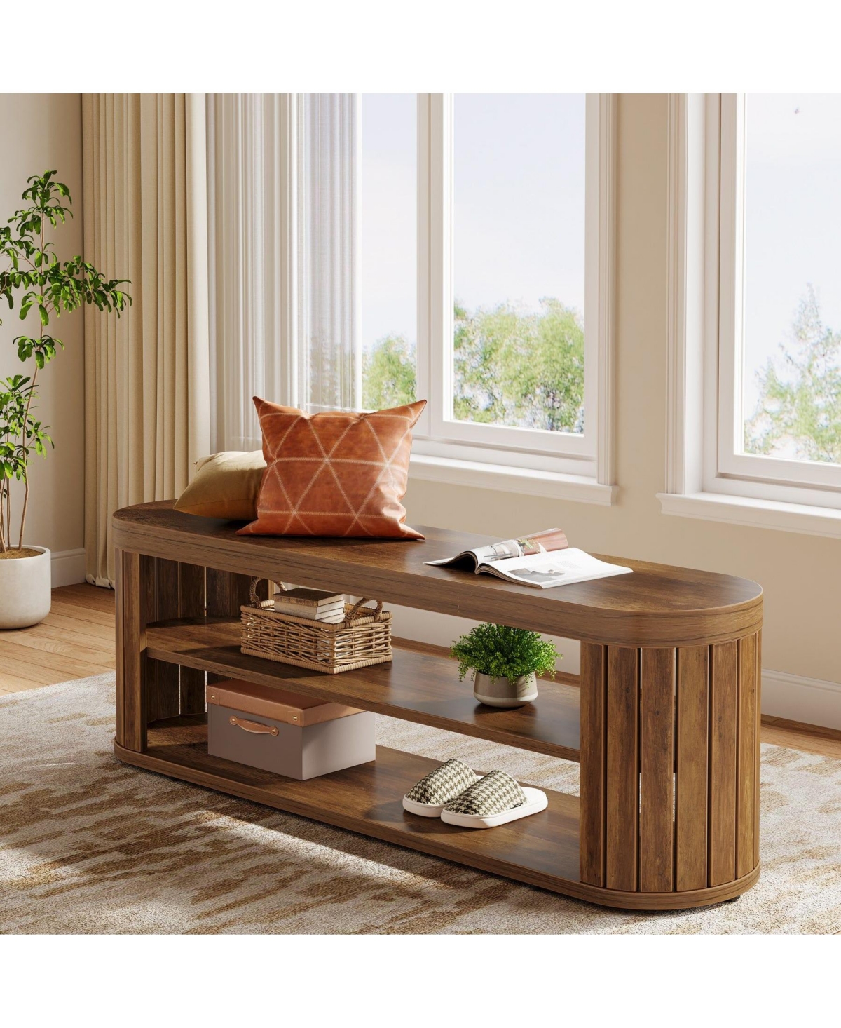 Entryway Bench with 2-Tier Shoe Shelf and Bedroom Footrest