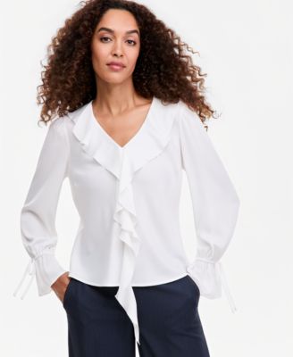 Women's V-Neck Long-Sleeve Ruffle Blouse