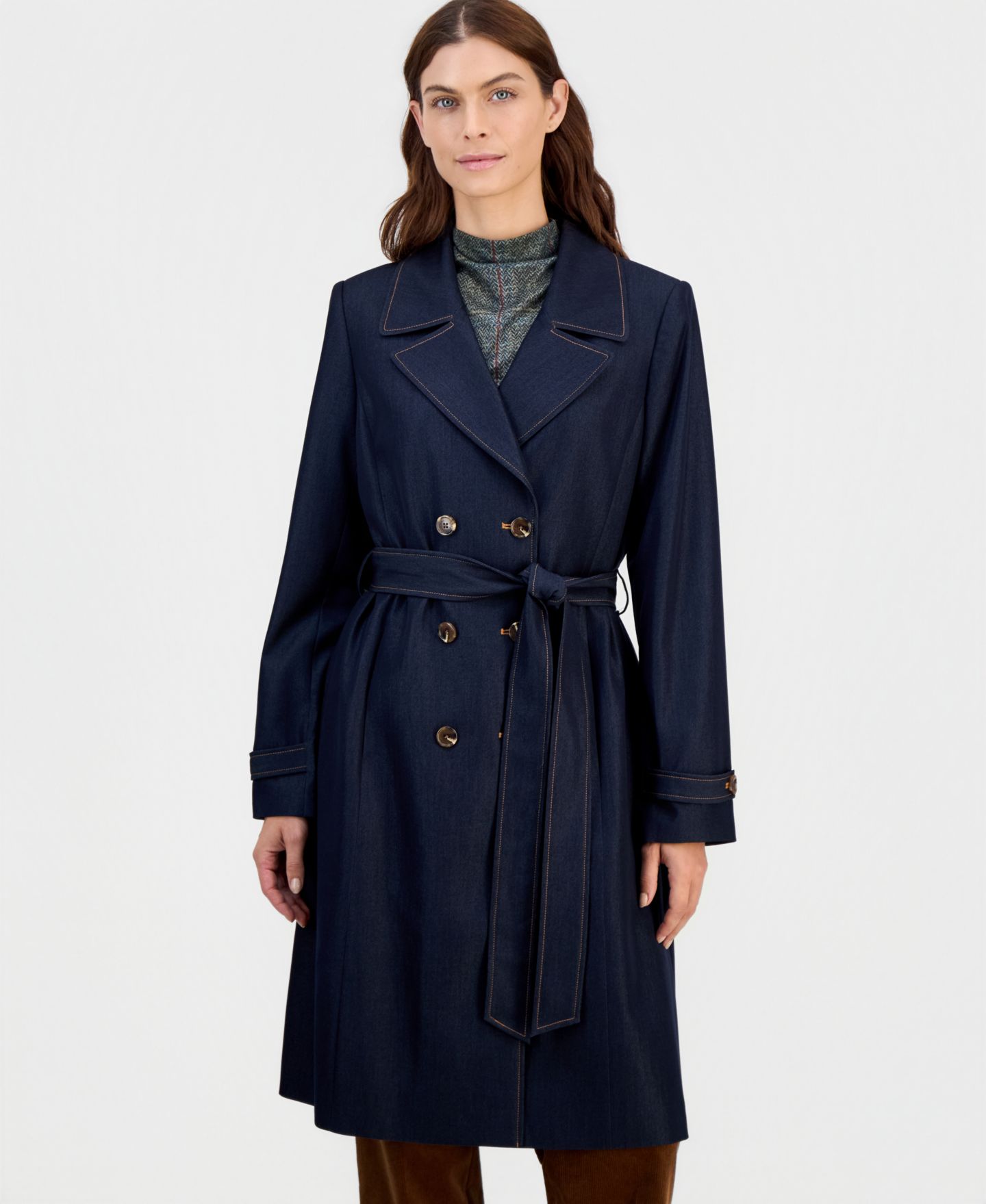 Женская куртка Tahari ASL Petite Long Denim Trench, цвет: Тёмный джинсовый — фото 1