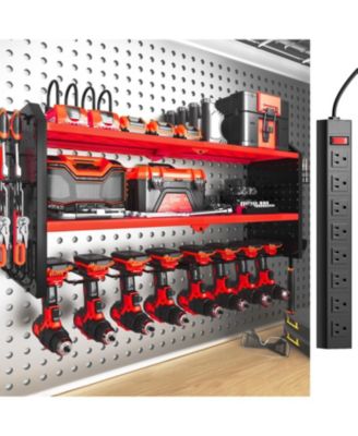 Power Tool Organizer Wall Mount Charging Station Metal Rack Drill Holder Outlet Strip