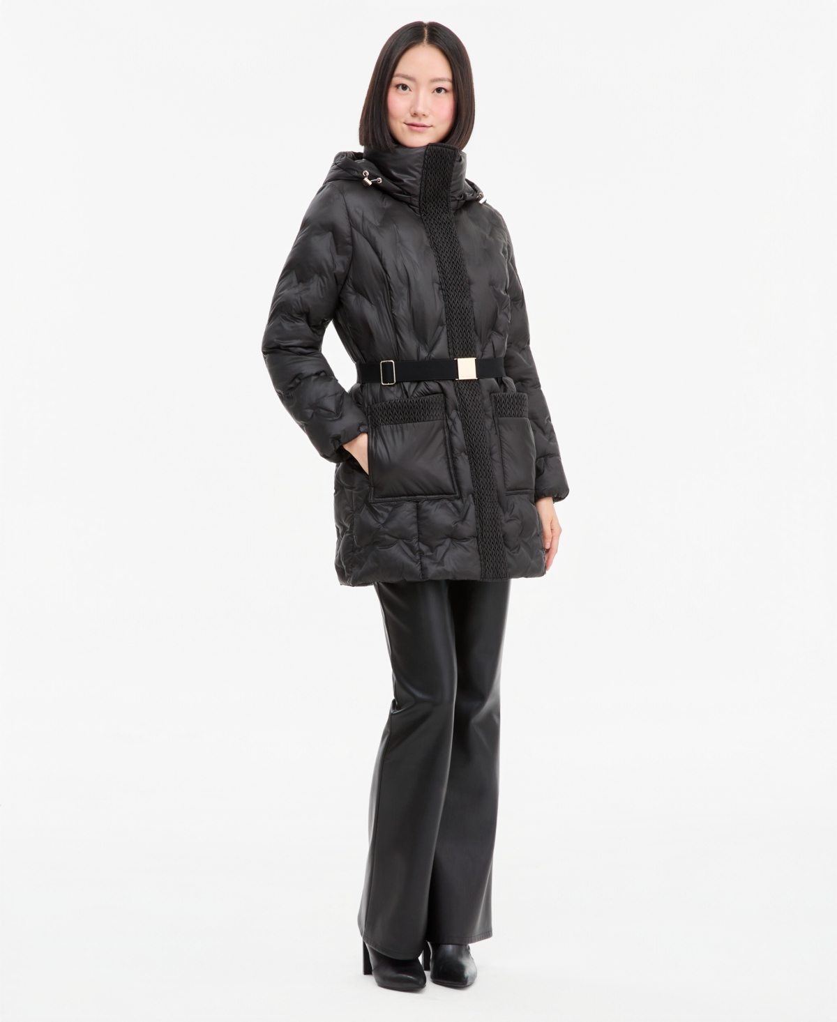 Karl Lagerfeld Paris Women's Heat-Seal Deatil Belted Long Puffer Coat - Black
