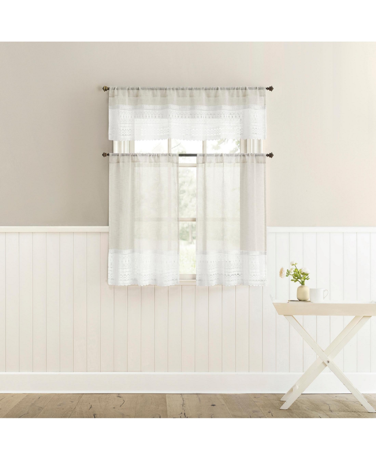 No. 918 Camille Macrame Lace Trim Sheer Rod Pocket Kitchen Curtain Tier Pair