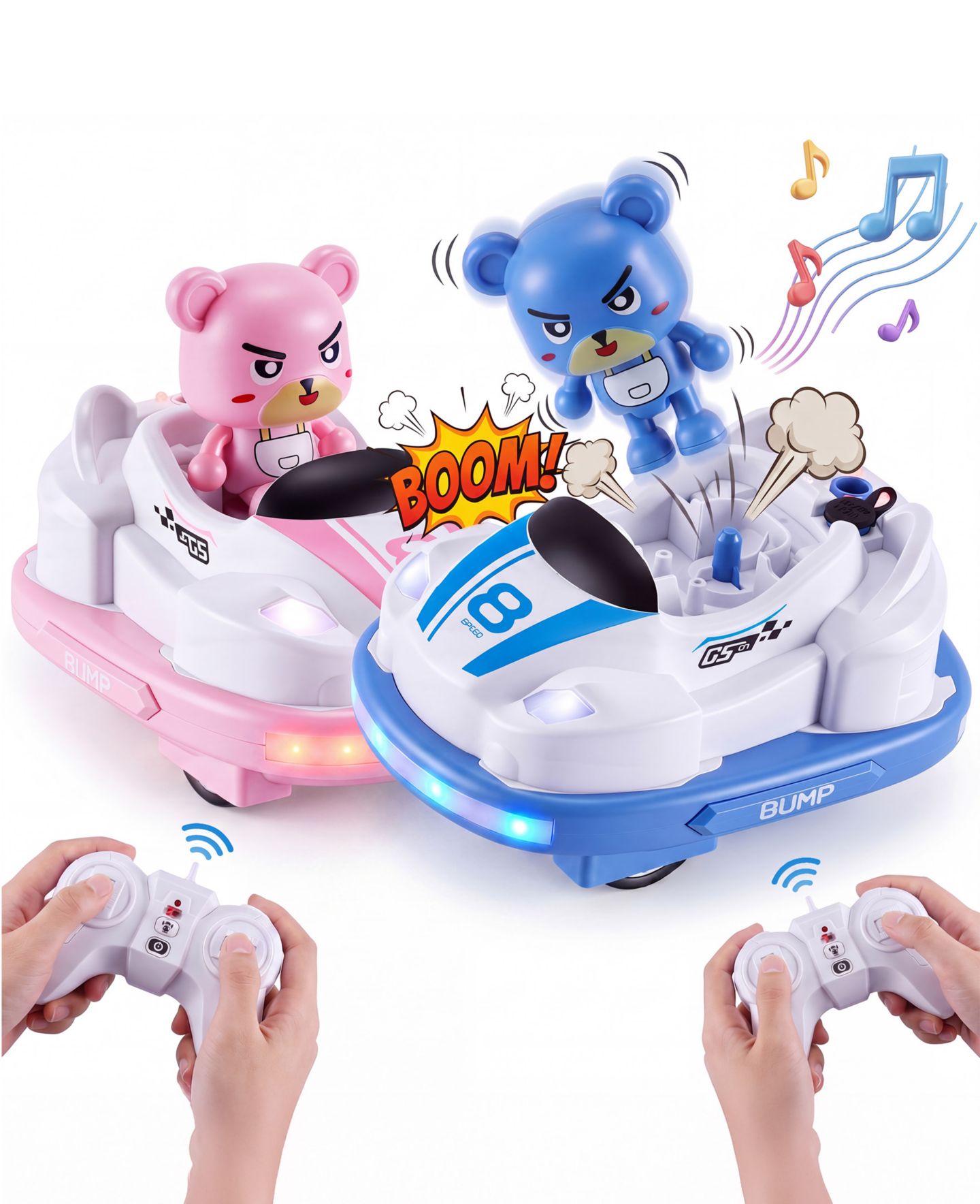 Детские игрушки SUGIFT RC Bumper Cars Toys 2 Pack Kids LED Battle Set with Pop Up Figures, цвет: Розовый / Синий — фото 3