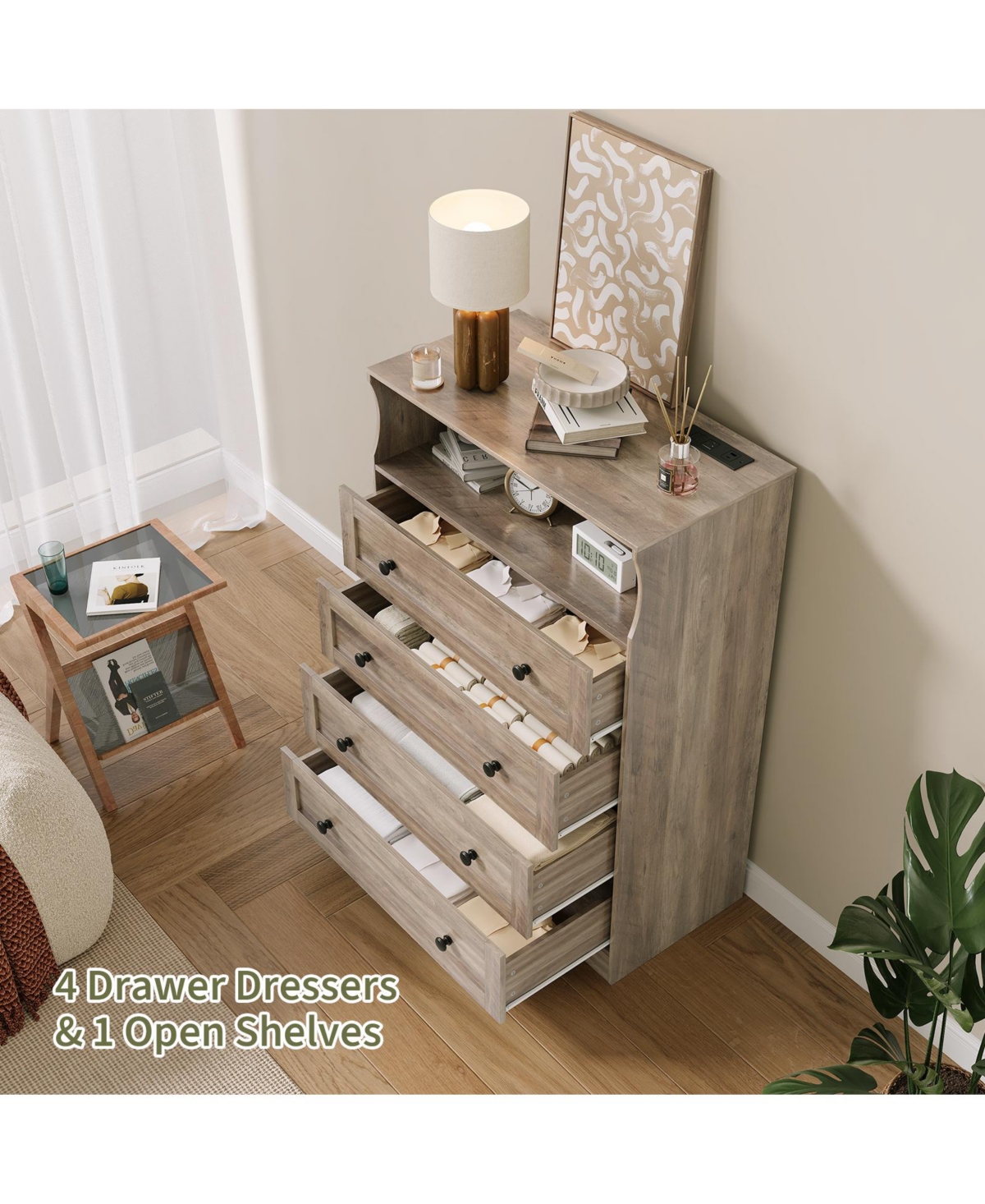 homfan Tall 4 Drawer Dresser with Led Light and Charging Station, Slim Storage Chest for Bedroom, Closet, Entryway, Living Room