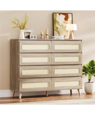 Rattan Dresser with 8 Drawers and Wood Legs for Bedroom, Living Room, Hallway, Entryway