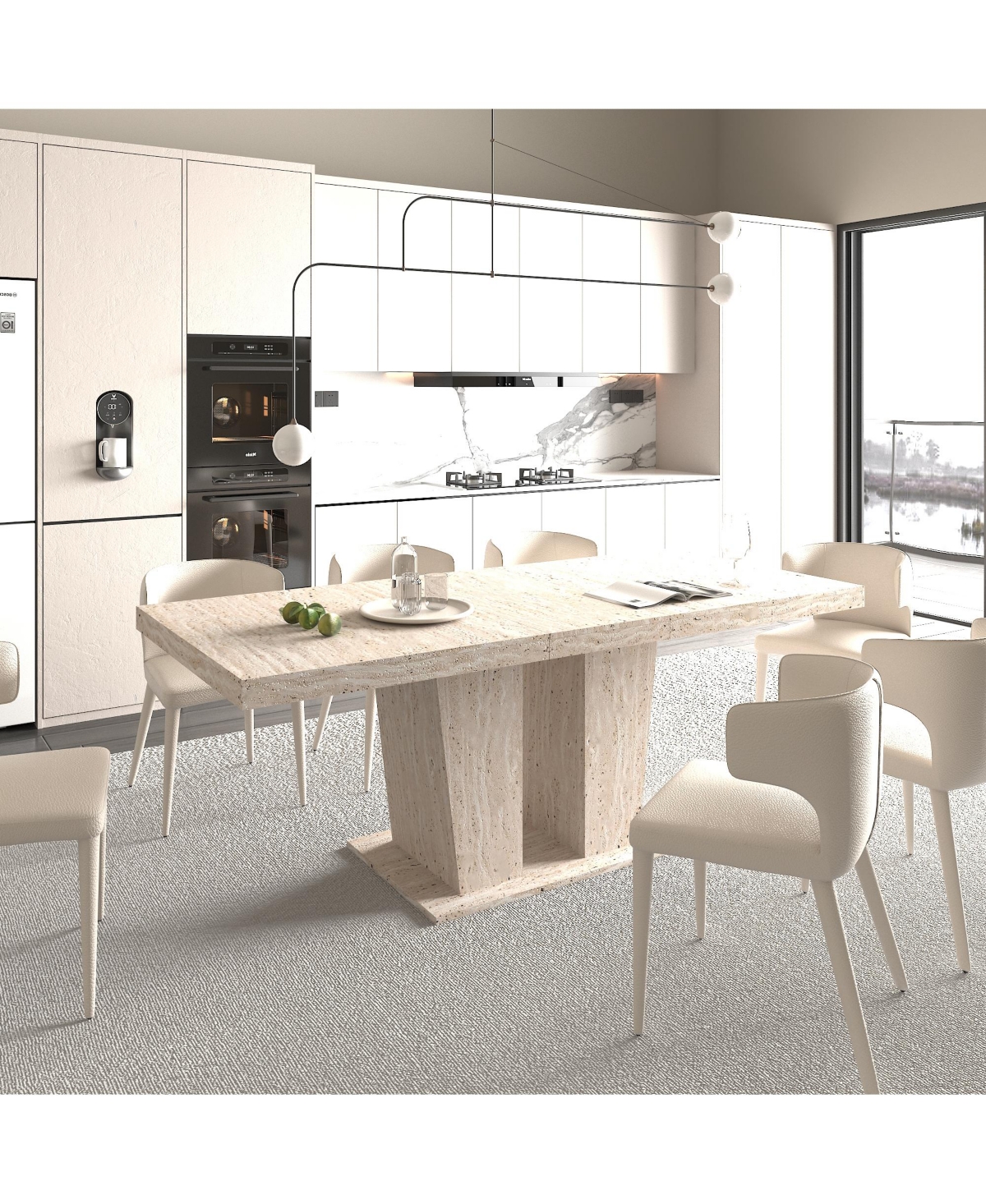 Boyel Living Rectangular extendable dining table, suitable for 6-10 people, with veined travertine pattern, simple and elegant