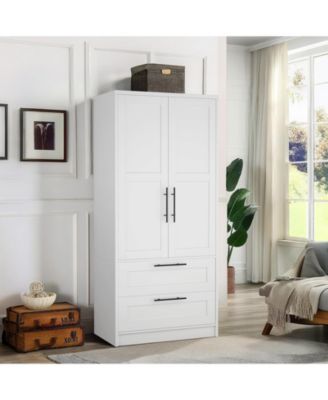 Wooden Wardrobe Armoire with Drawers and Hanging Rod, Adjustable Shelf, Modern Closet Storage Cabinet for Bedroom, Dorm, Apartment