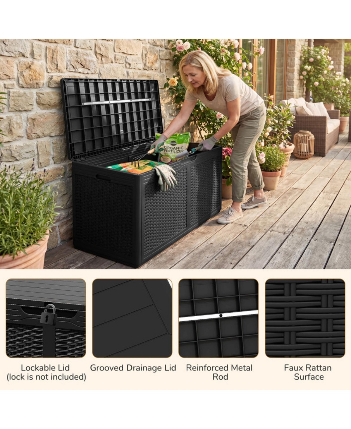 Sugift 100 Gallon Resin Deck Box Outdoor Waterproof Storage Bench