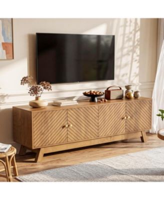 63" Mid-Century Modern TV Stand for TVs Up to 60 Inch, Fluted Wood Media Console with Storage Cabinets and Adjustable Shelves