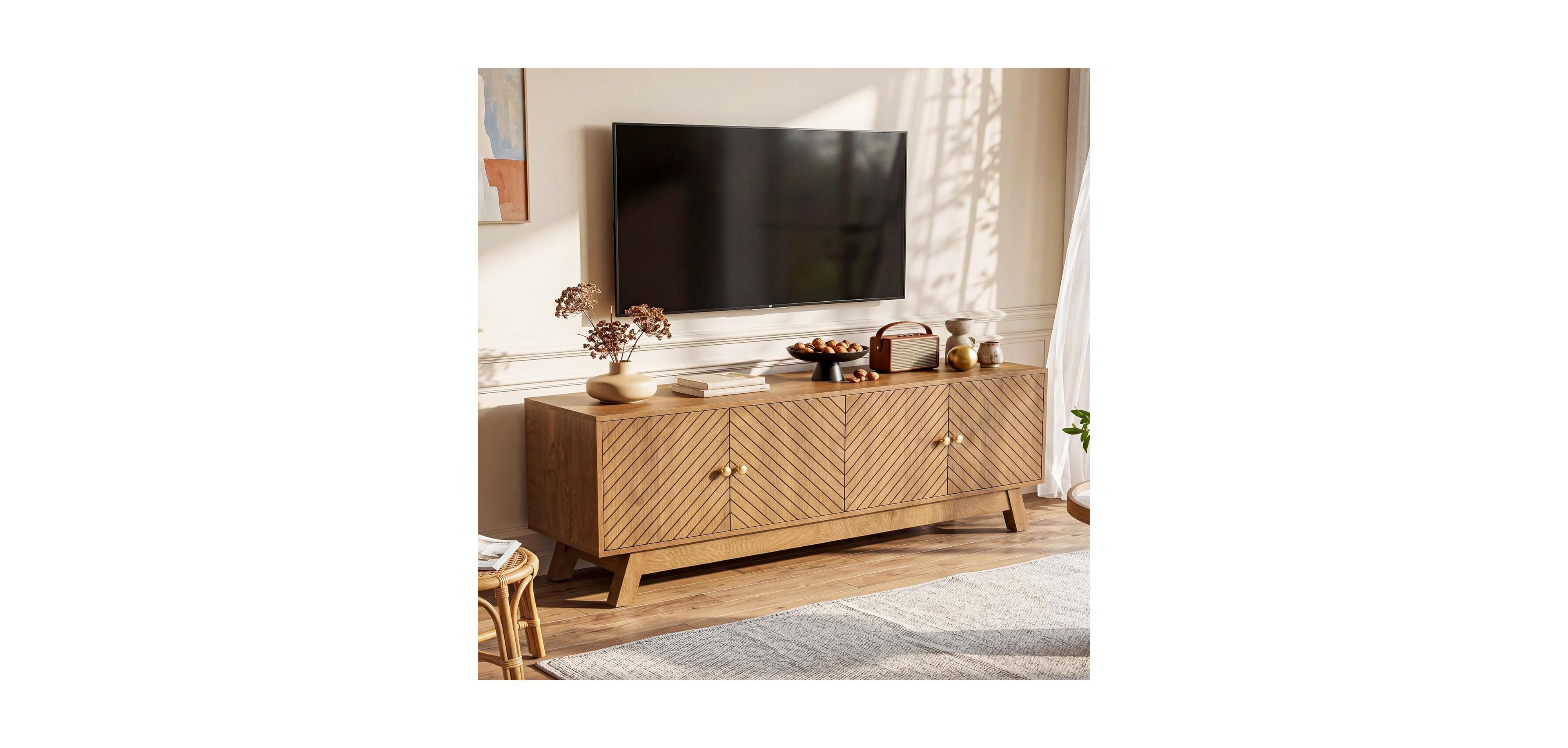 Tribesigns 63" Mid-Century Modern Tv Stand for TVs Up to 60 Inch, Fluted Wood Media Console with Storage Cabinets and Adjustable Shelves