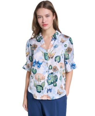 Women's Floral Brocade Print 3/4-Sleeve Button-Up Blouse