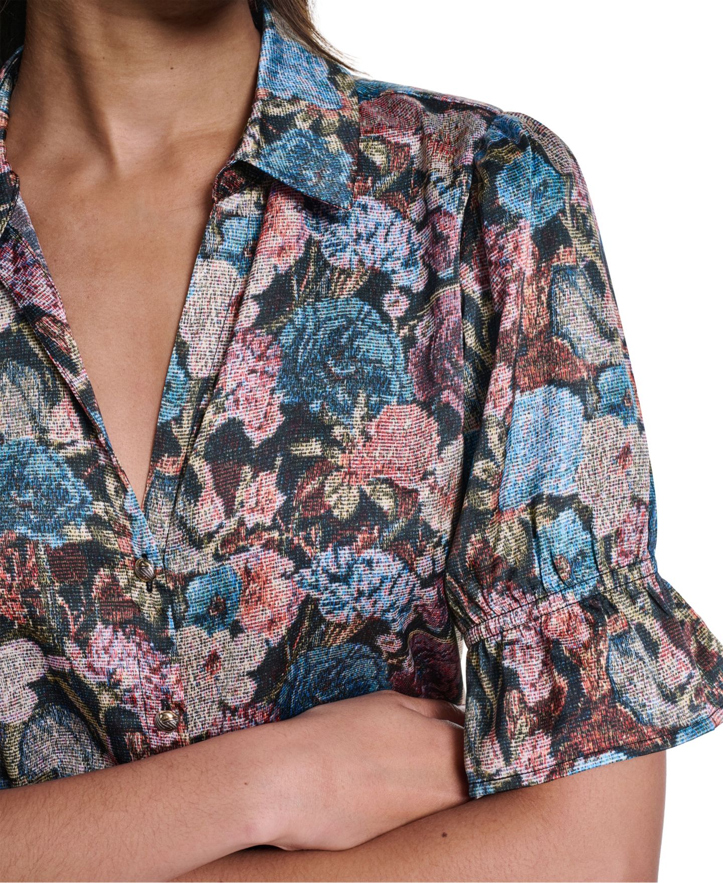 Женская блузка KARL LAGERFELD PARIS Floral Brocade Print 3/4-Sleeve Button-Up Blouse, цвет: Чёрный разноцветный — фото 4