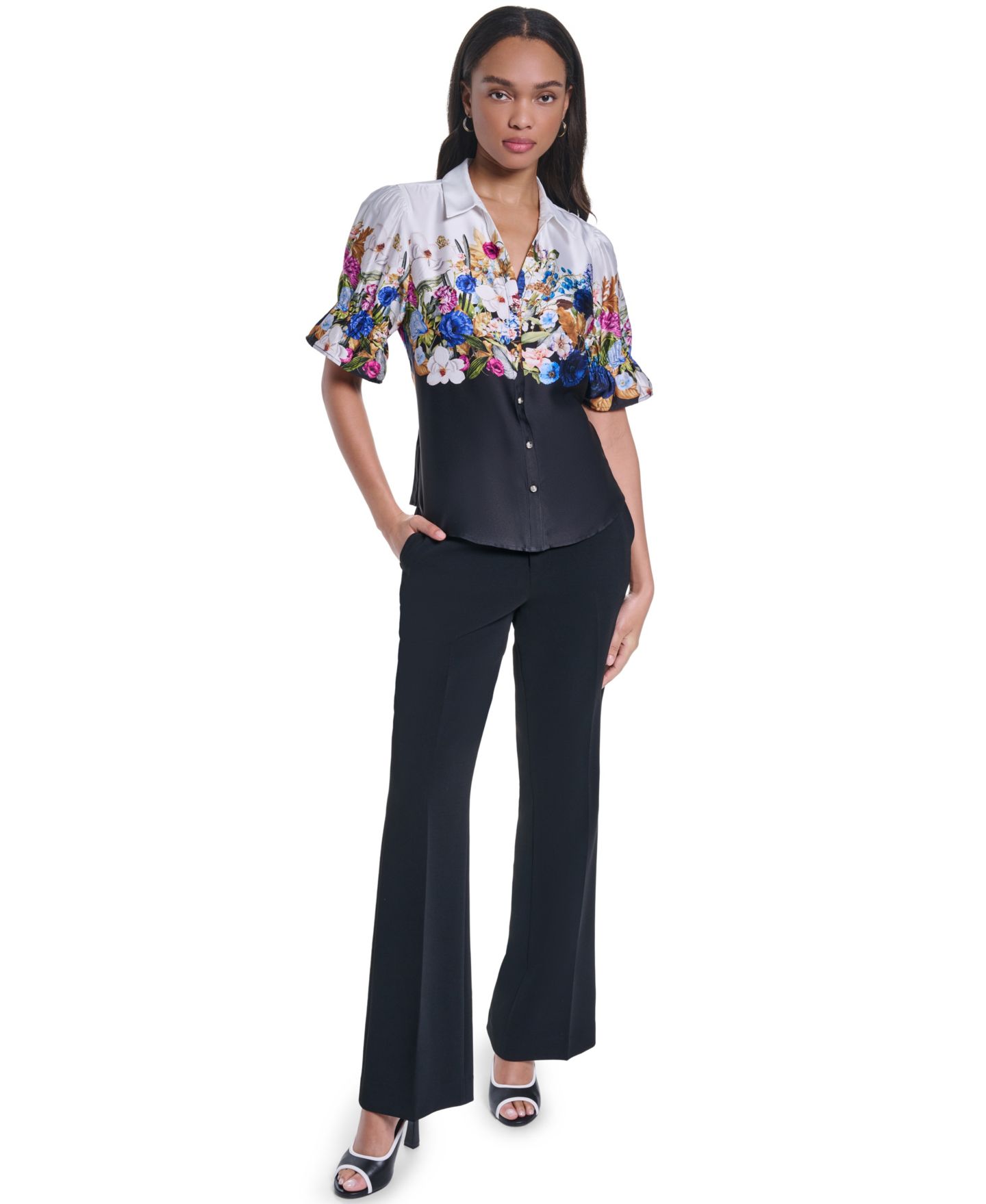 Женская блузка KARL LAGERFELD PARIS Floral Button-Front Blouse, цвет: Белый / Чёрный разноцветный — фото 2
