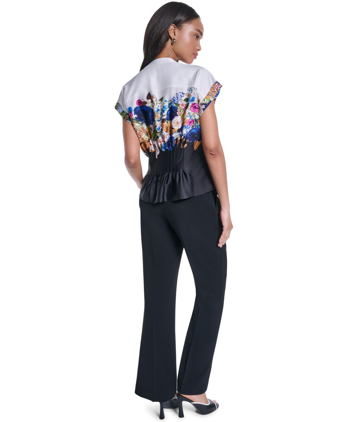 Женская блузка KARL LAGERFELD PARIS Floral Pleated Button-Front Blouse, цвет: Белый / Чёрный разноцветный — фото 6