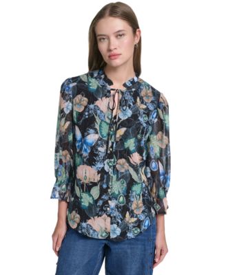 Women's Ruffle Collar Printed Chiffon Button-Up Blouse