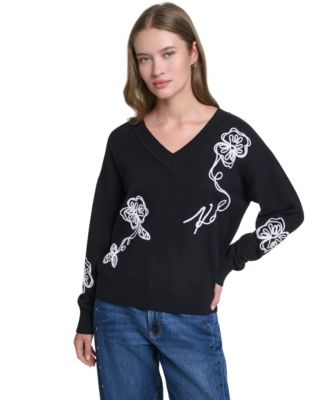 Women's Karl Floral Embroidery V-Neck Sweater