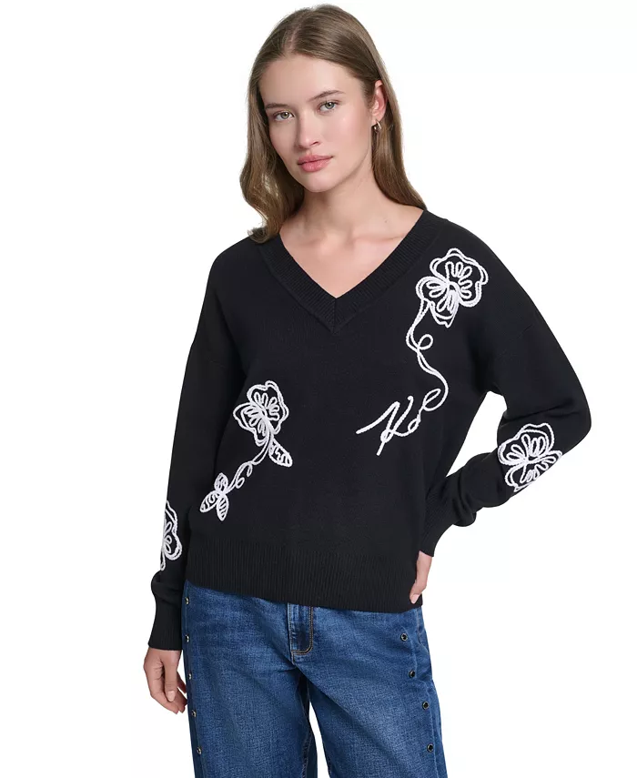 Women's Karl Floral Embroidery V-Neck Sweater