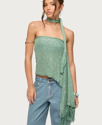Women's Two-Piece Sequin Knit Scarf Top