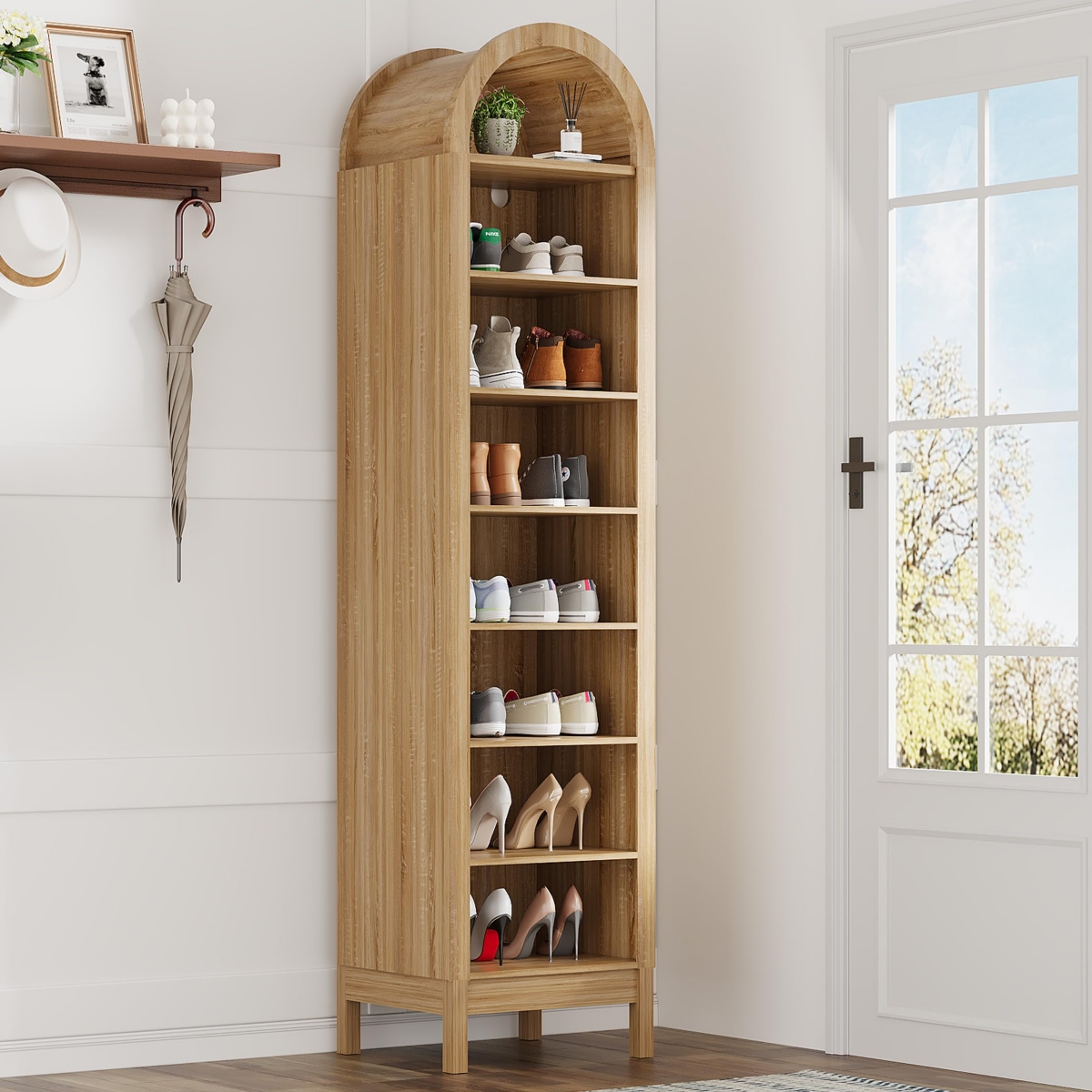 gaomon 71" Tall 8 Tier Arched Bookcase with Adjustable Shelves, Narrow Bookshelf for Small Spaces - Natural