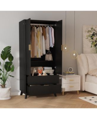 71" Armoire Wardrobe Closet, Modern Wooden Bedroom Armoire with 2 Drawers and 2 Doors and Adjustable Shelves