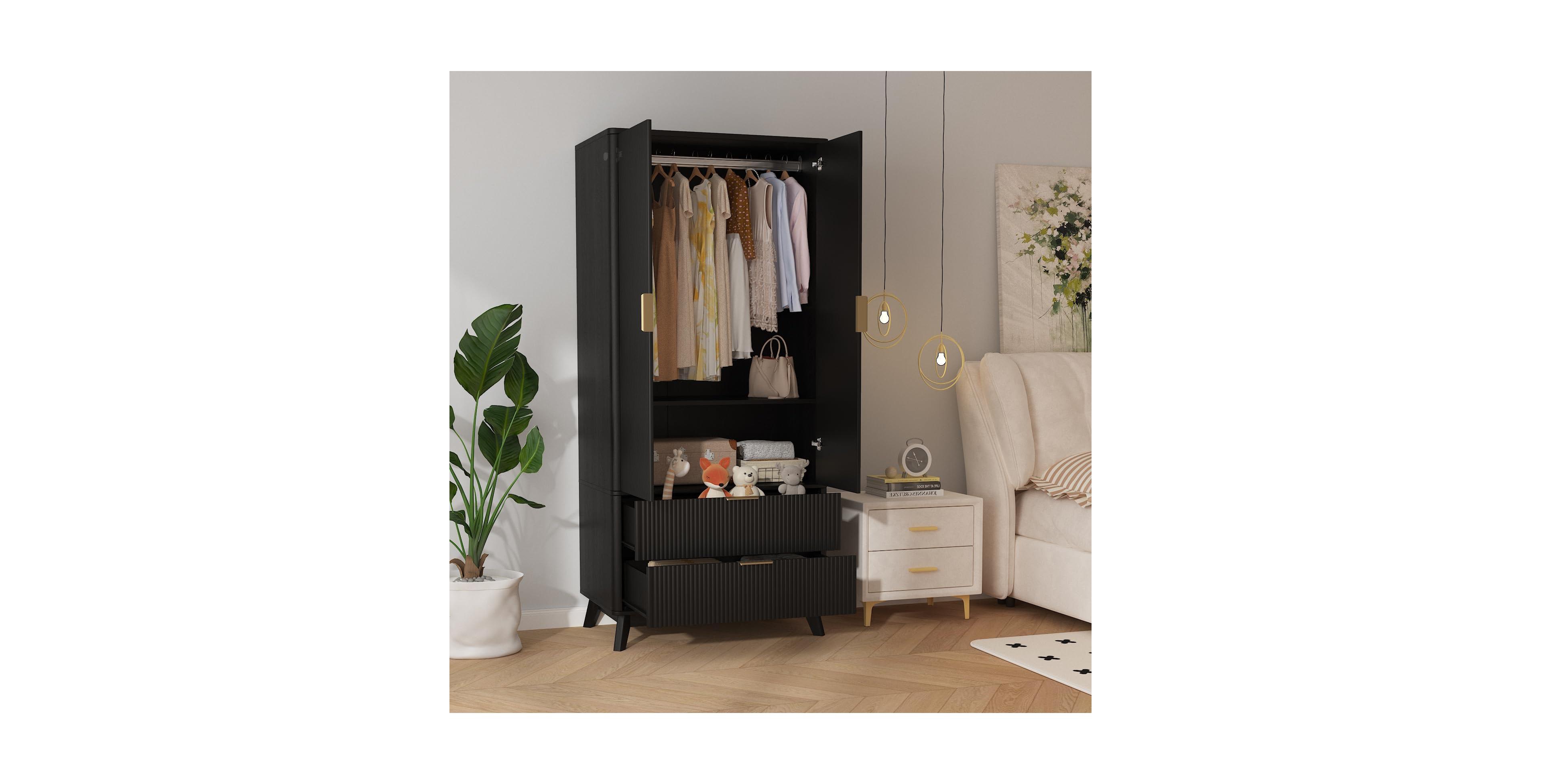 gaomon 71" Armoire Wardrobe Closet, Modern Wooden Bedroom Armoire with 2 Drawers and 2 Doors and Adjustable Shelves