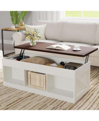 Farmhouse Lift Top Coffee Table with Storage, Coffee Table with Hidden Compartment & Open Shelf, Rising Top Center Tables