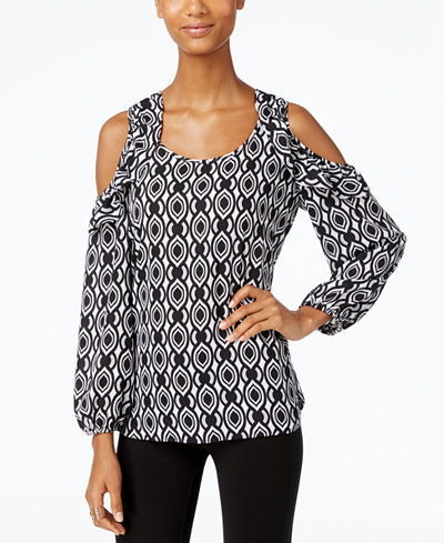 NY Collection Printed Ruffled Cold-Shoulder Top
