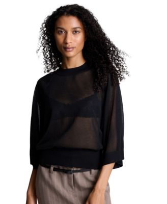 Women's Semi-Sheer Raglan Crewneck Cropped Sweater
