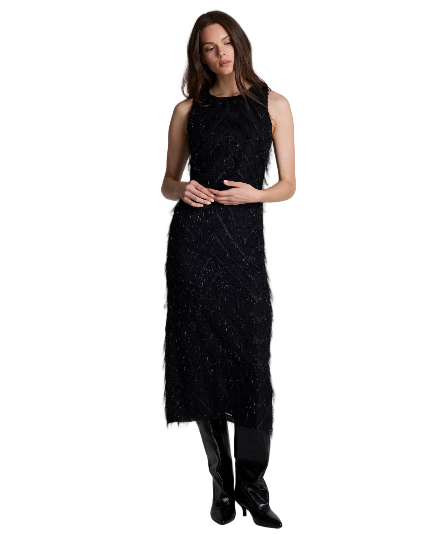 Женское платье Kenneth Cole Sleeveless Novelty Fringed Organza Midi, цвет: Чёрный — фото 1