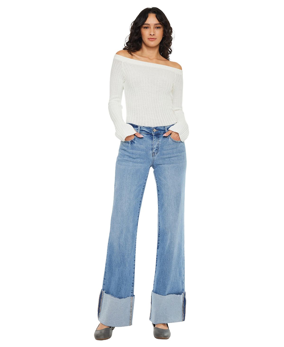 KanCan Women's Emma Mid Rise Wide Flare Jeans view 5 — MAYCSS fashion products