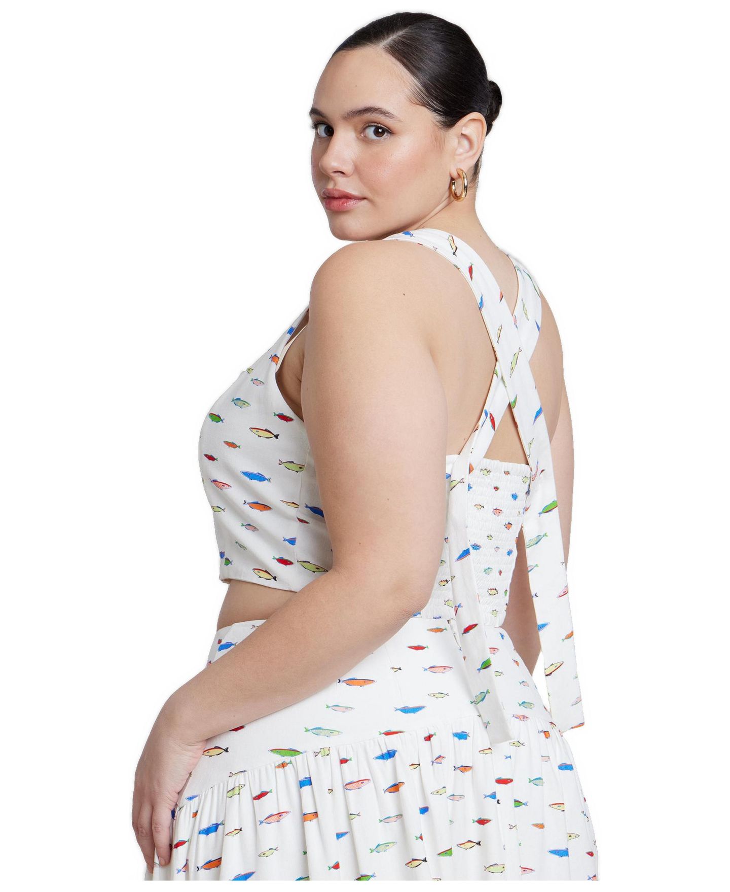 Женский топ ELOQUII Plus Size Printed Linen Crop, цвет: Fish Family — фото 2
