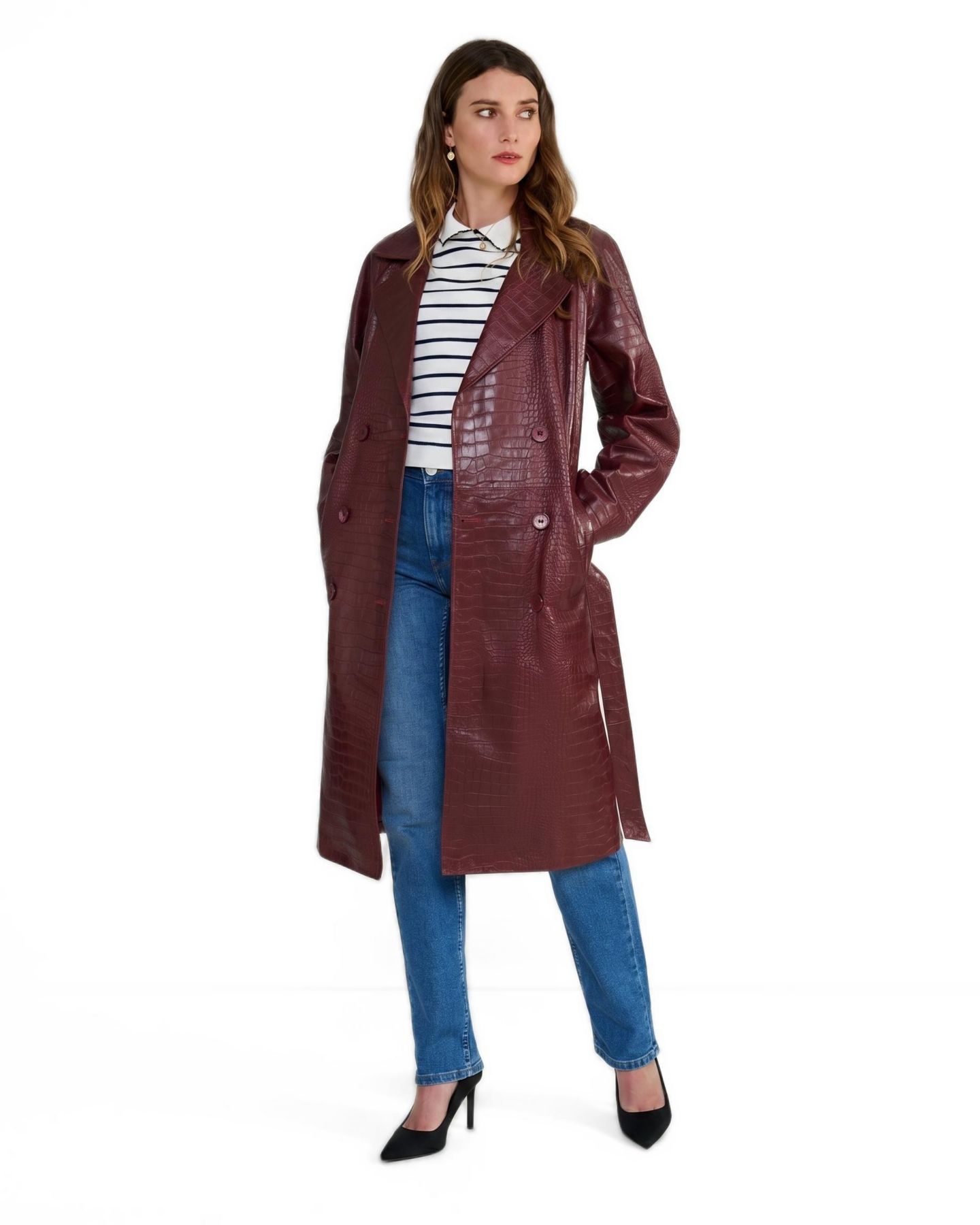 Женское пальто Furniq UK Sloane Burgundy Croc-Embossed Leather Trench, цвет: Бордовый — фото 3