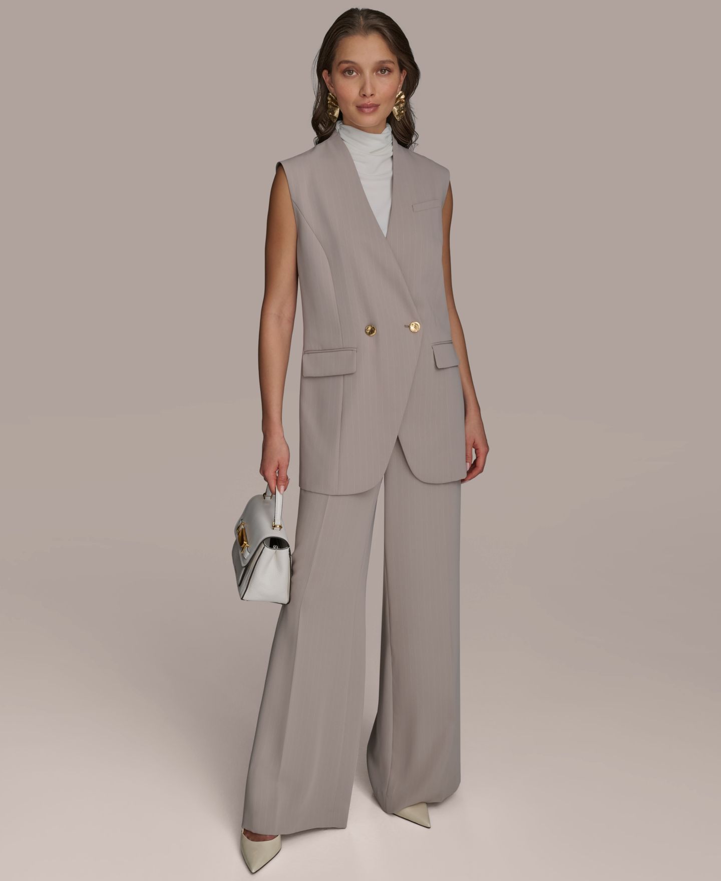 Женский жилет Donna Karan New York Petite V-Neck One-Button Vest, цвет: Кремовый полосатый — фото 7