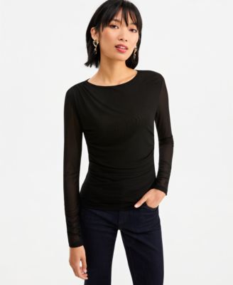 Women's Long-Sleeve Ruched Mesh Blouse