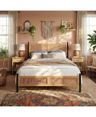 Rattan Bed Frame with woven headboard and footboard, sturdy slatted support, no box spring needed, perfect for bedroom, easy assembly design.