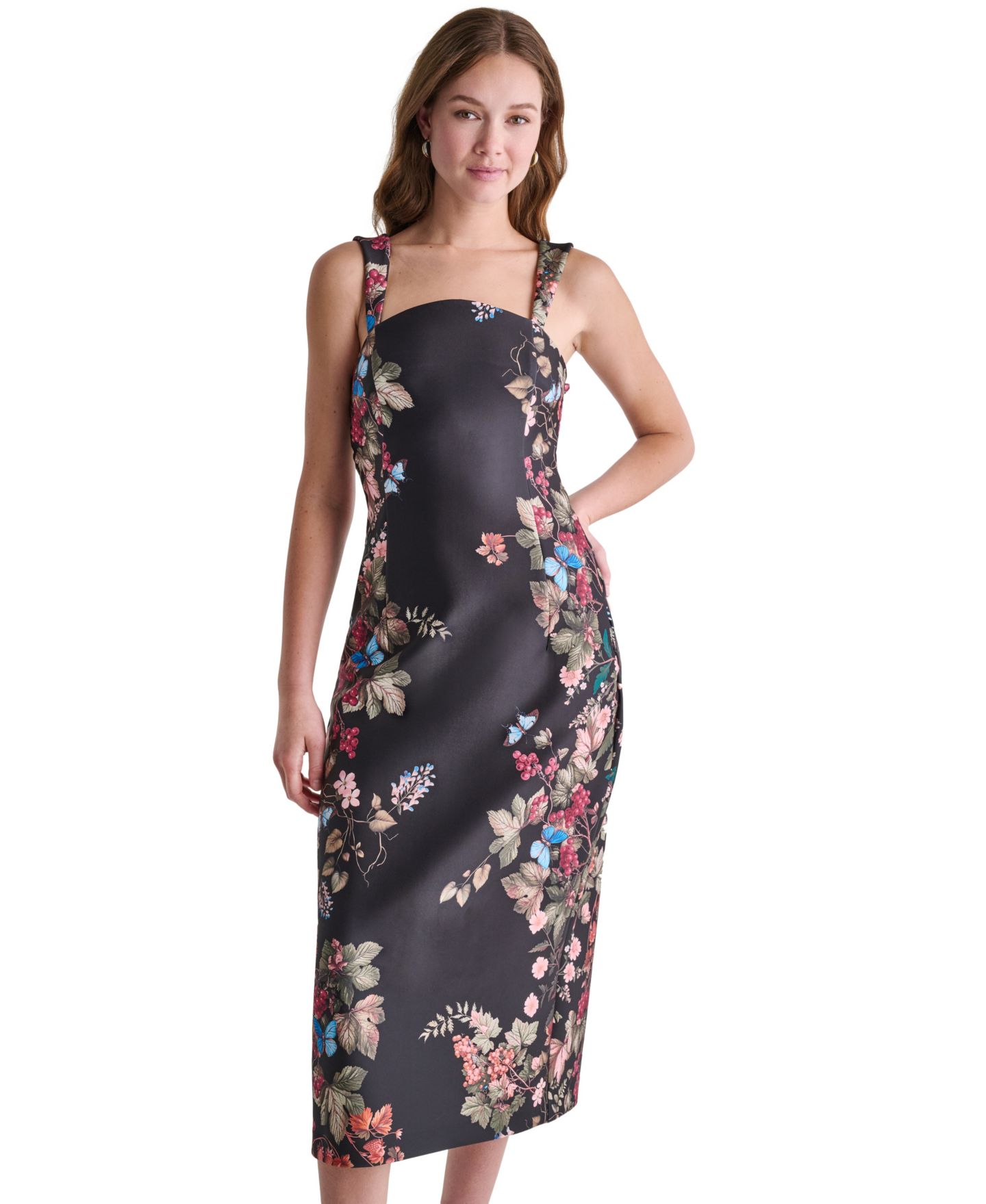 Женское платье BCBG Floral Print Square Neck Satin Midi, цвет: Чёрный / Разноцветный — фото 4