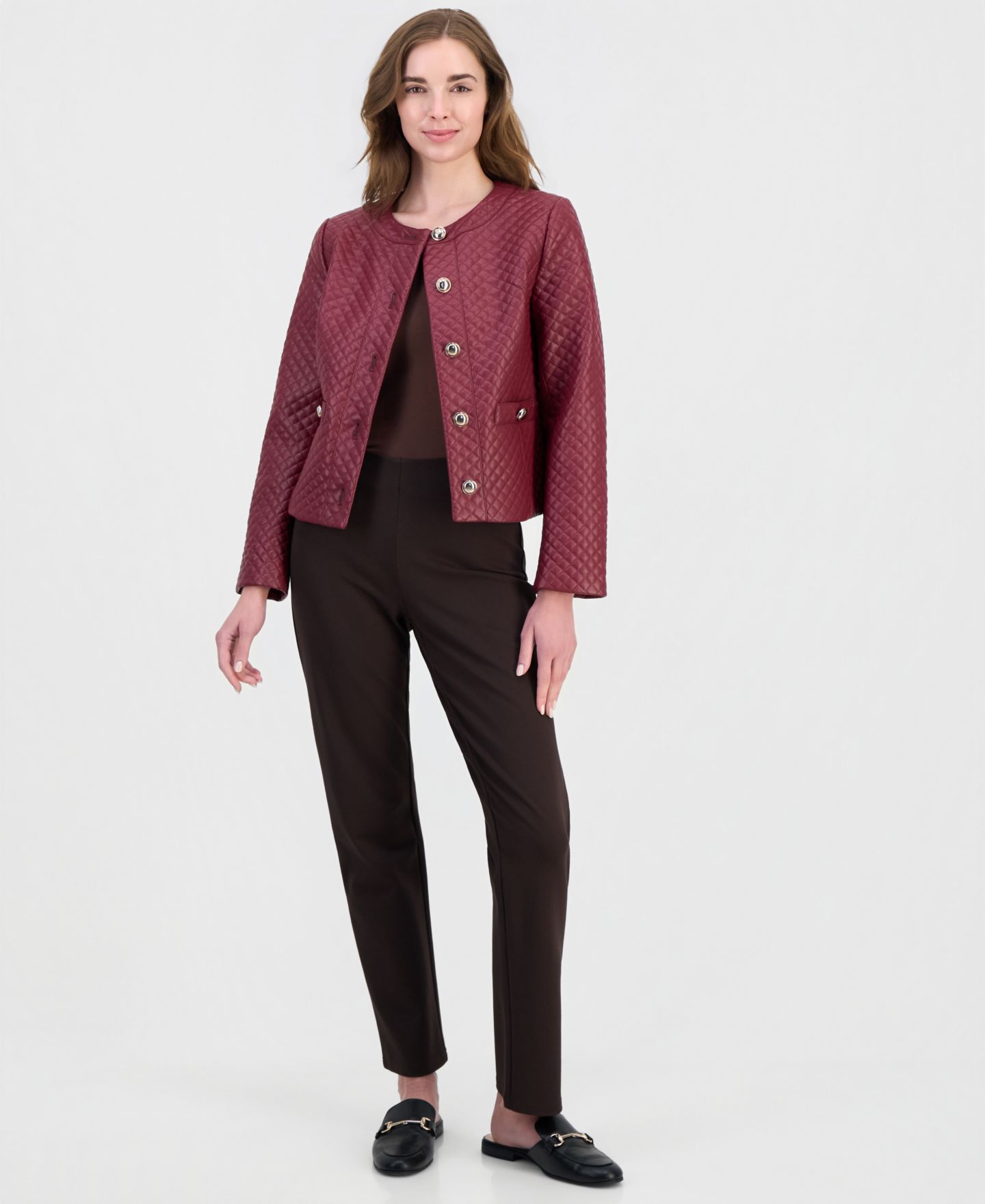 Женская куртка JM Collection Quilted Faux-Leather Button-Front, цвет: Вишнёвый — фото 2