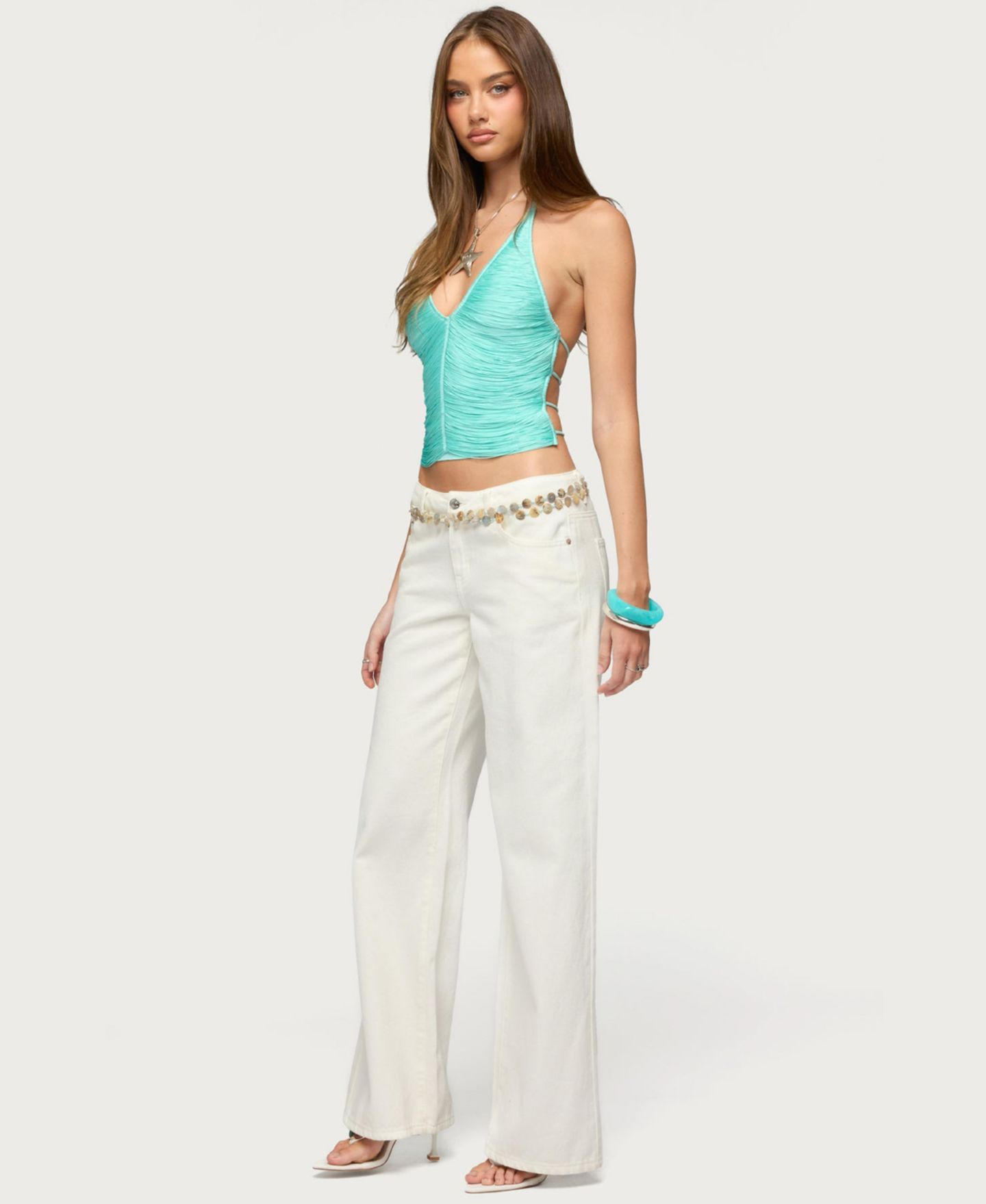 Женский топ Edikted Bree Fringed Backless Halter, цвет: Аквамариновый — фото 5